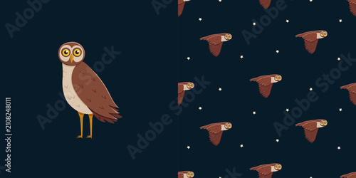 Set of cute cartoon owl and seamless pattern. Vector background illustration of cartoon forest night birds.