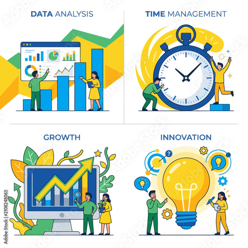 Business growth data analytics time management and creative idea generation flat vector illustration set