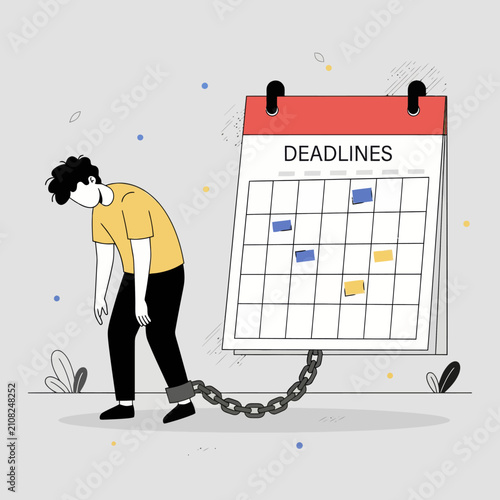 Exhausted man chained to calendar representing deadline pressure stress and work burnout vector