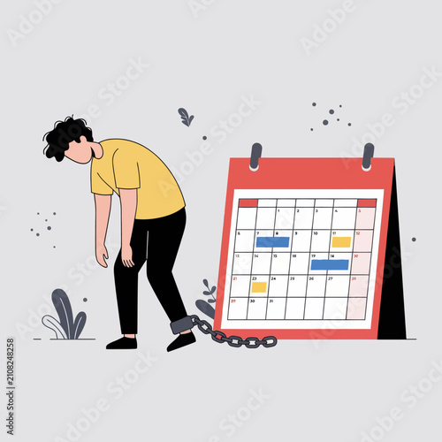 Exhausted man chained to calendar representing deadline pressure stress and work burnout vector