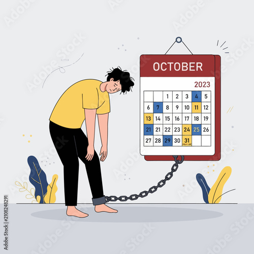 Exhausted man chained to calendar representing deadline pressure stress and work burnout vector