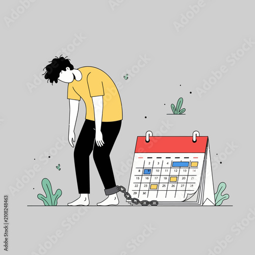 Exhausted man chained to calendar representing deadline pressure stress and work burnout vector