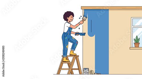 Woman Painting House Wall Vector Illustration