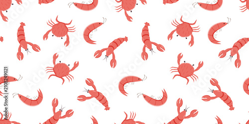 Lobsters, shrimp and crabs seamless pattern. Vector illustration of river and marine life. Background delicacies seafood.