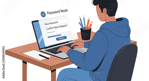 Man resets password on laptop at desk, digital security concept