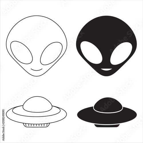 Alien head and UFO flying saucer vector icons set in line art and glyph silhouette styles isolated on white background