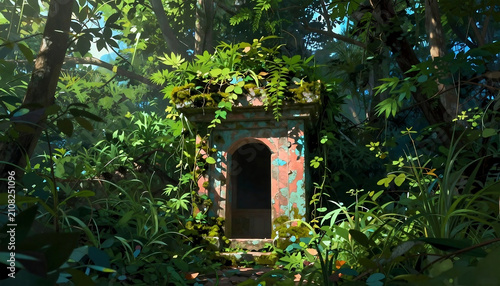 Enchanting overgrown stone archway hidden within a lush vibrant green forest landscape