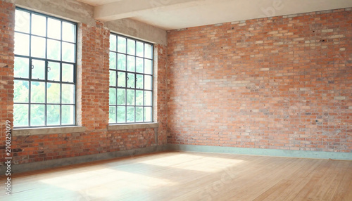 Bright empty room with large windows and exposed brick wall interior design