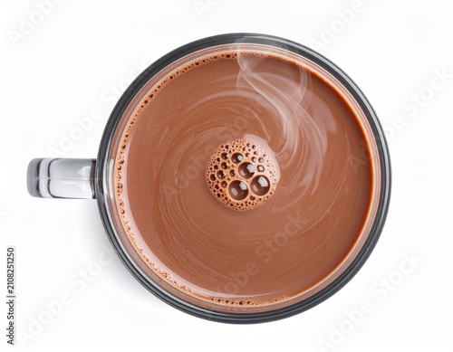 Overhead view of a steaming mug of hot chocolate with foam