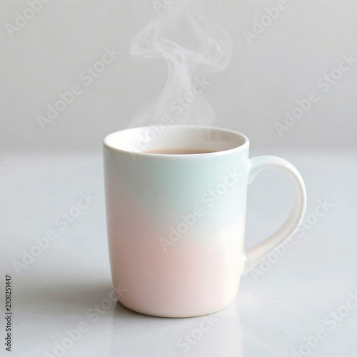 Steaming mug of beverage a pastel colored ceramic cup with rising vapor