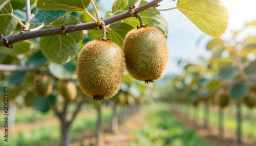 Golden kiwi fruits hanging from branch in lush orchard sunlight