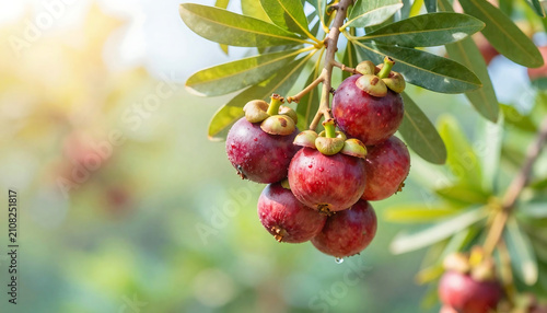 Close up of a cashew apple cluster hanging from a branch in natural light