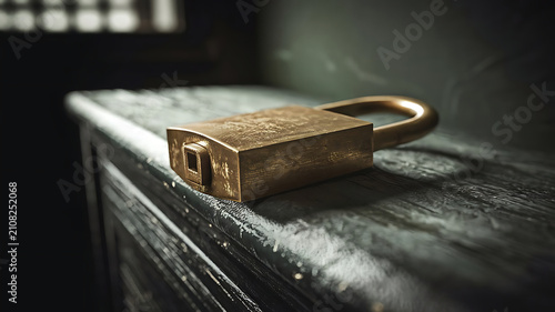 Antique brass padlock resting on weathered wooden surface security and vintage concepts