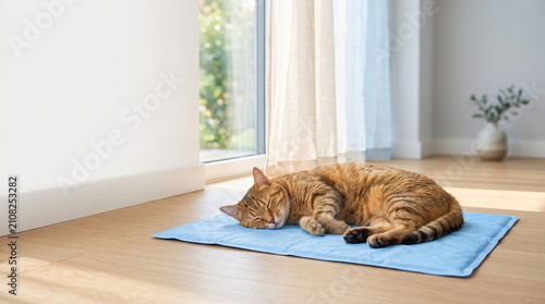 Cat resting comfortably on a cooling mat for pets