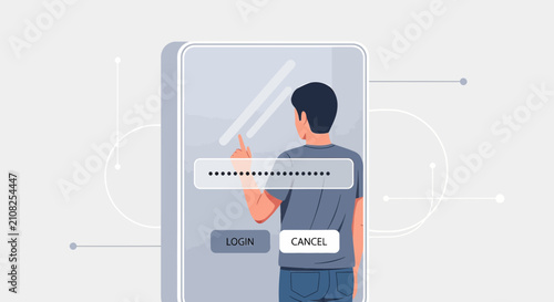 Man entering password on touchscreen device, digital security concept