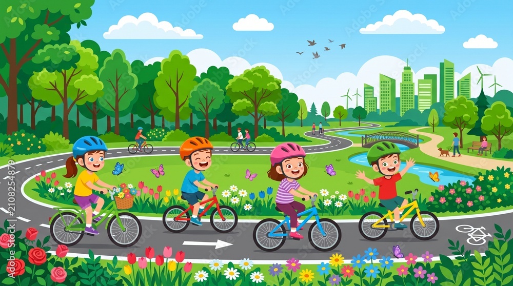 Fototapeta premium Group of Happy Kids Riding Bicycles on a Scenic Park Path Cartoon Illustration
