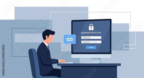Man in suit logging into password protected computer screen, cybersecurity concept