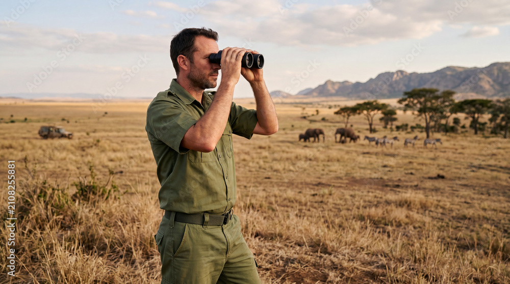 Obraz premium Wildlife ranger observing elephants and zebras through binoculars in the African savanna