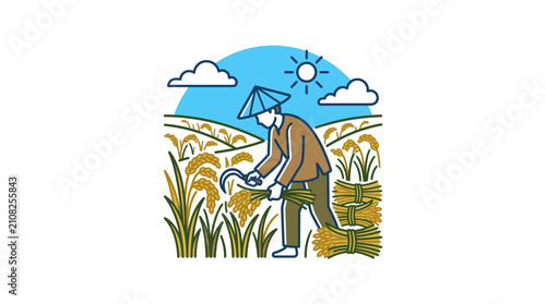 Farmer harvesting rice field under sunny sky with clouds