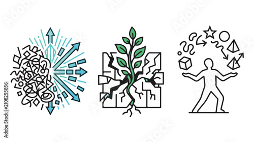 Problem Solving and Growth Vector Icons. Creative Solution, Resilience, and Multitasking Concepts. Business Strategy and Personal Development Graphic Resources.