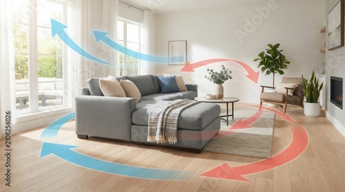 Modern living room showcasing air conditioning technology with colorful airflow patterns for optimal comfort.