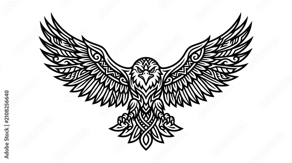 Fototapeta premium Ornate eagle bird symbol with outstretched wings in black and white