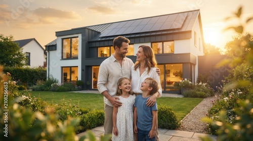 Modern home with solar panels and a smiling family embracing sustainable living.