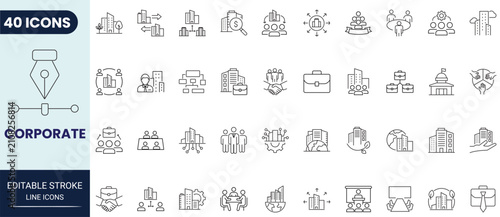 Corporate icon set in outline style. Collection of corporate, business, company, office, management, and organization icons. Editable stroke. Vector icon collection.