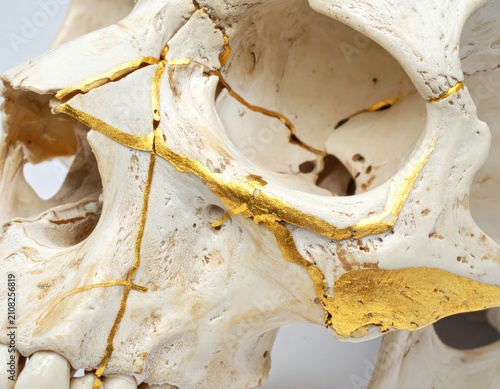 A human skull fragment repaired with golden seams, highlighting fractures