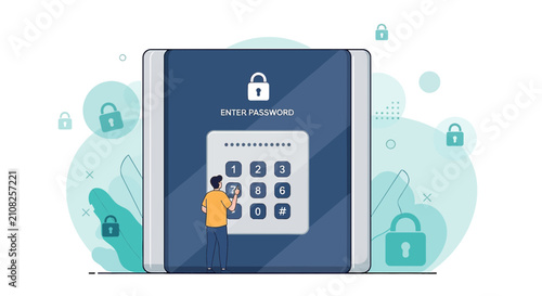 Man entering password on digital safe with padlock icons. Cybersecurity concept.