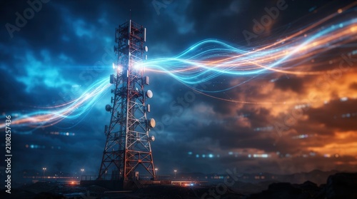 Futuristic telecom energy and data transmission concept featuring a glowing telecommunication tower.