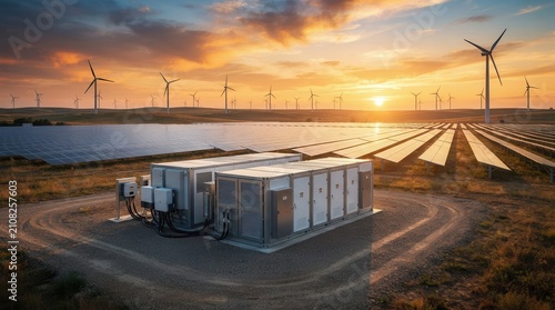 Future energy technology innovation featuring solar panels, wind turbines, and smart grid solutions.