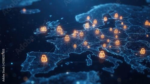 Cybersecurity concept showing a digital map of Europe with glowing lock icons for data privacy.