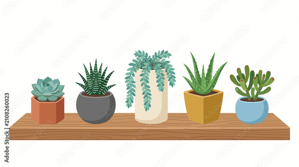 Fototapeta premium Set of diverse indoor potted plants on a wooden shelf, modern houseplant collection vector illustration
