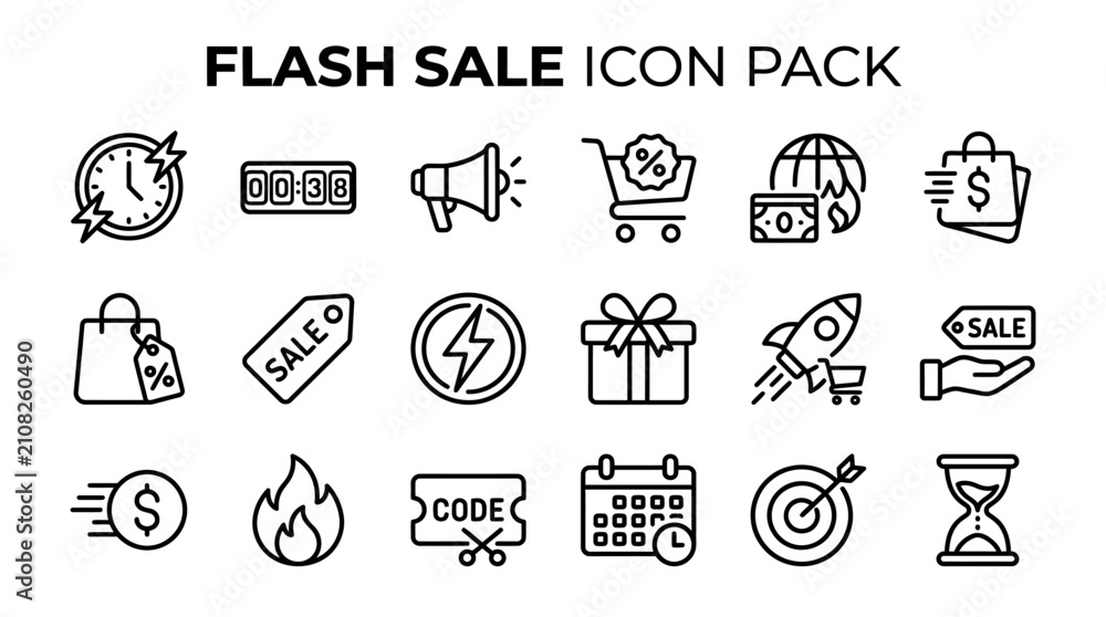 Fototapeta premium Flash sale line icon set for e-commerce promotion, discount offer, online shopping, fast marketing deal, special banner, and store countdown