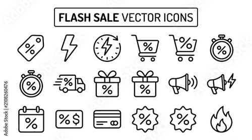 Minimalist flash sale outline vector icon pack containing discount tags shopping carts megaphones and commercial symbols
