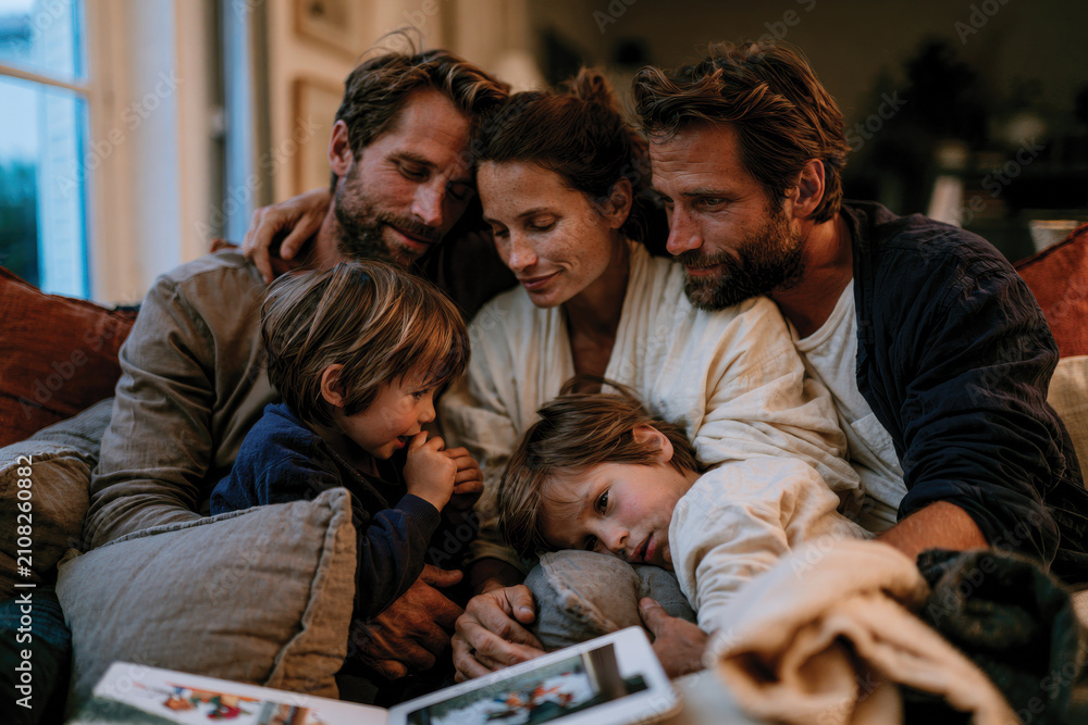 Fototapeta premium A family unites in a cozy living room, sharing laughter, love, and warmth, enjoying quality time together in a nurturing environment.