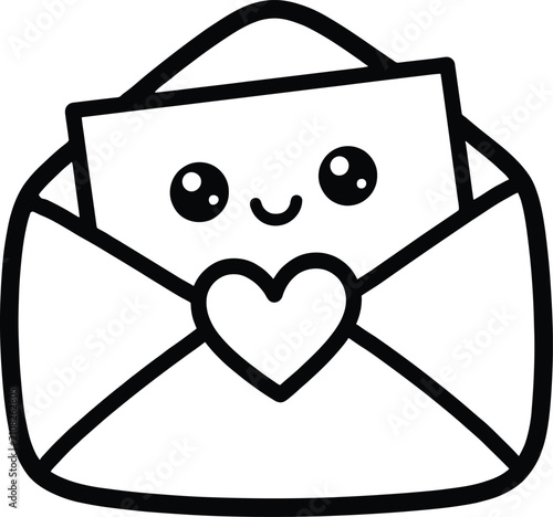 Kawaii love letter vector, cute envelope with heart, happy mail coloring page icon