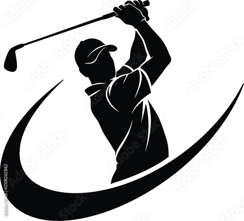 Golf player silhouette, professional golfer swinging club, black sports vector icon