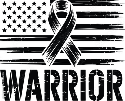 Distressed American flag warrior ribbon, patriotic cancer awareness vector, t-shirt art