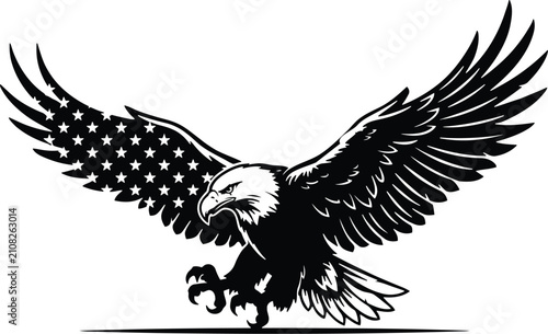 American bald eagle vector, patriotic bird with star wings, black and white eagle mascot
