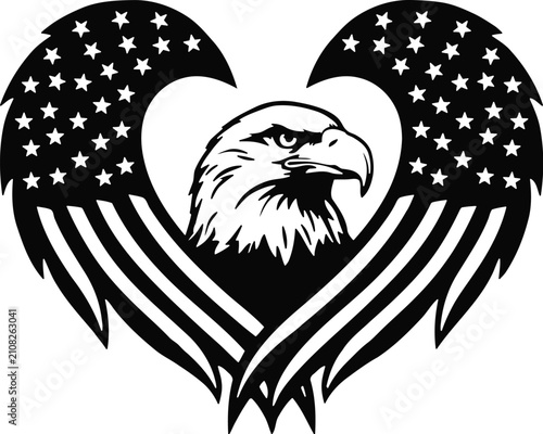 Patriotic American eagle heart vector, bald eagle with flag wings, black and white icon