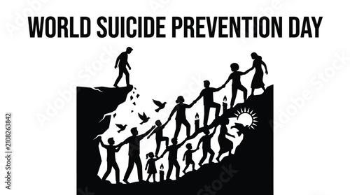 Silhouettes of diverse people helping a man climb a cliff for world suicide prevention day awareness
