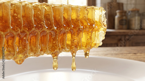 Fresh organic honey dripping from honeycomb close up