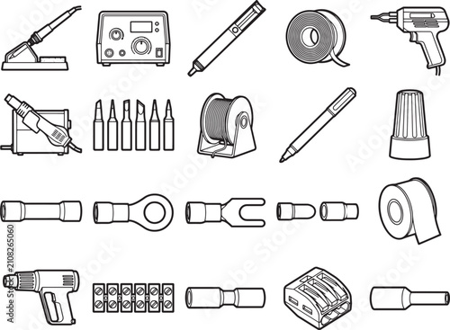 A collection of electronic tools and components, including soldering irons, wire connectors, and heat shrink tubing, are neatly arranged for repair and assembly work.