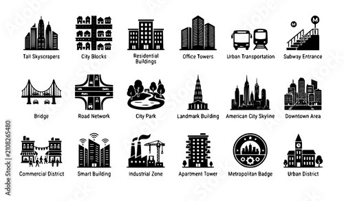 Konstfotografi USA Megalopolis Urban City Black Silhouette Icon Set with Skyscrapers and Metrop