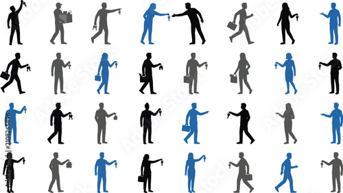 Set of real estate professional silhouettes holding house keys on transparent background