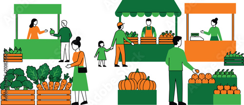 Diverse people shopping for fresh organic vegetables at an outdoor farmers market street stall