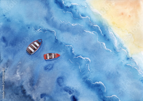 Two boats on the tropical sea waves. Island sea coast top view. Hand painted watercolor illustration