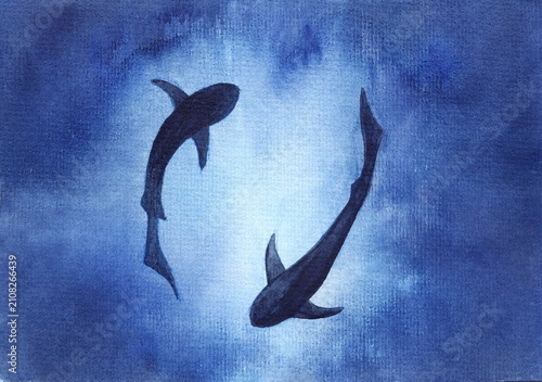 Underwater sea landscape with sharks bottom view. Background with vortex of ocean predator silhouettes.